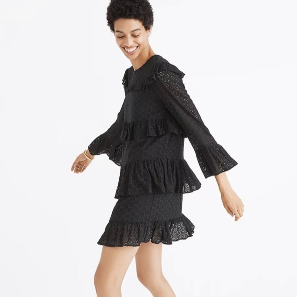 Madewell Black Eyelet Waterlily Ruffle Whimsigoth Romantic Mini Dress Size 12